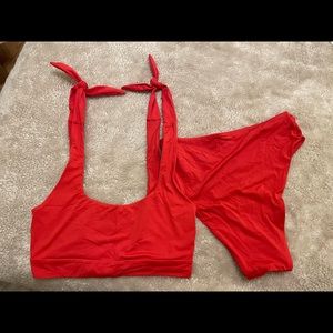 Toluca Swim Clara tie top and Gia Maxi Bottom (both in color “Scarlett”)